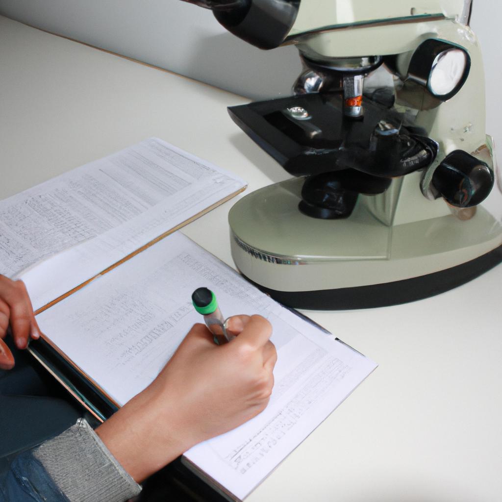 Person studying microscope, taking notes